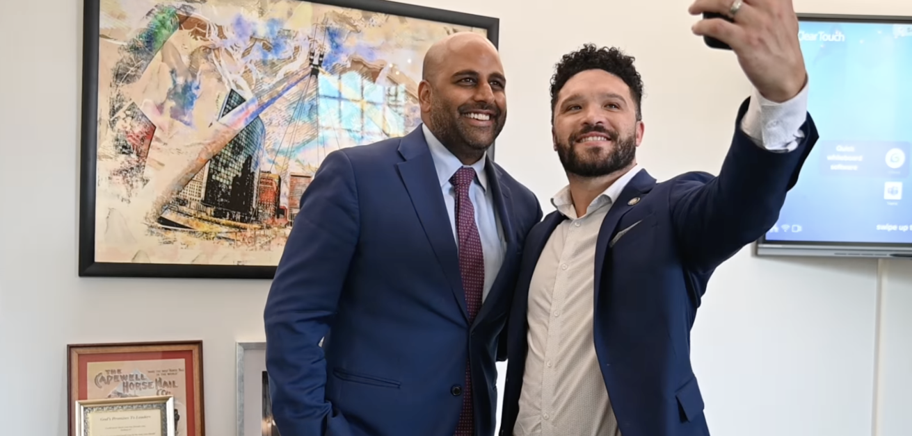 Hartford, CT Mayor Arunan Arulampalam and East Hartford, CT Mayor Connor Martin take a selfie at Hartford City Hall